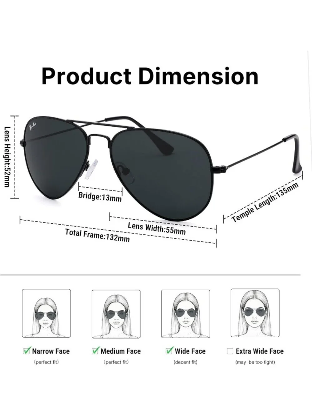 Stylish Small Aviator Sunglasses 55mm Metal Frame UV400 Protection, Trendy